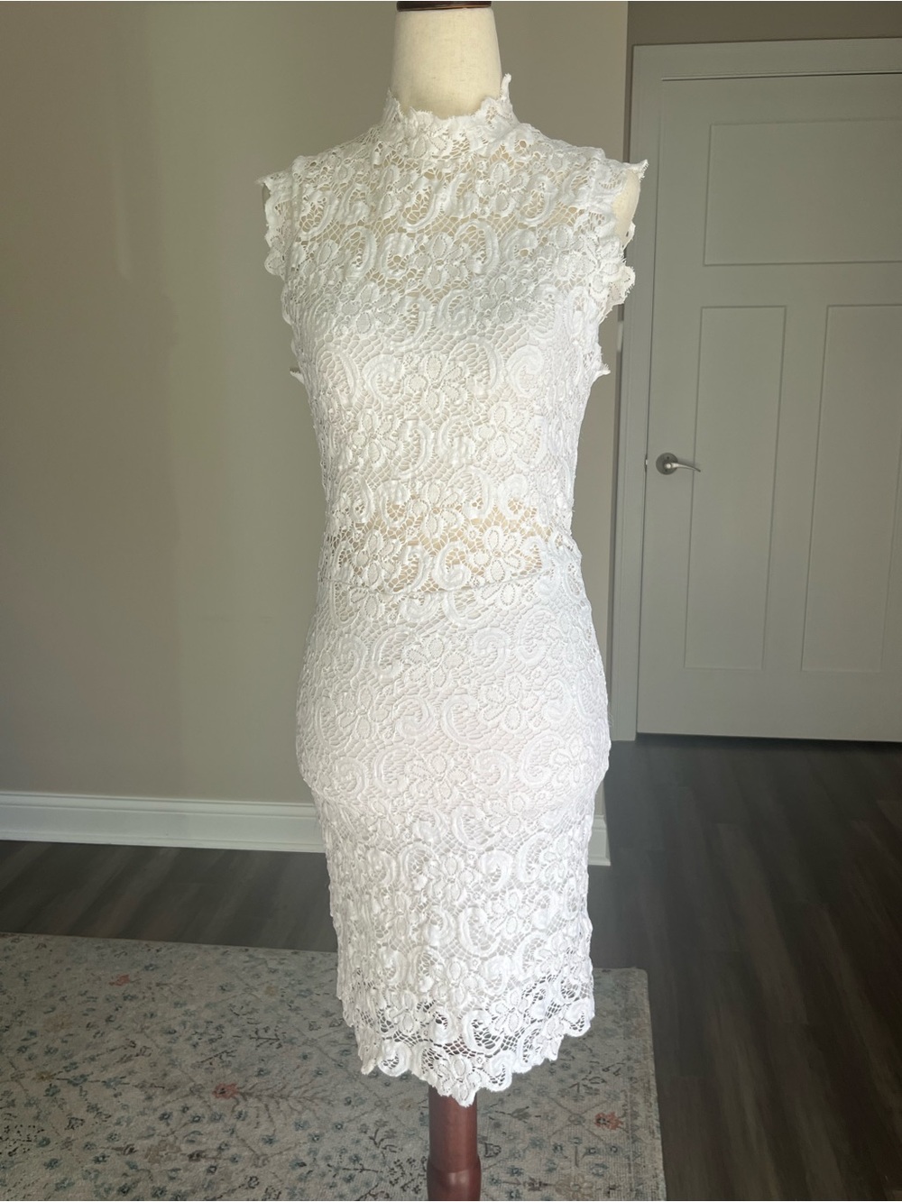White Lace Bodycon Dress - Elegant High Neck & Sheer Cutouts